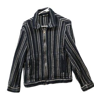 Zara Chunky Knit Sweater Jacket Mens M Black White‎ Striped Full Zip Collared